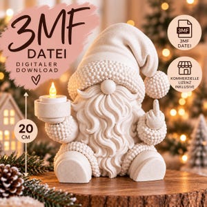 May include: A cream-coloured gnome figurine with a textured hat and beard, holding a small white tea light candle holder in one hand and gesturing with a middle finger on the other. The figure is 20 cm tall and features text indicating a 3MF digital download.