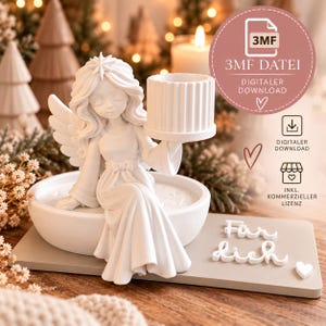 May include: A white angel figurine sitting on a circular base, holding a fluted cylindrical candle holder. The base is attached to a rectangular plaque with the text "Für dich" and a small heart shape. This is a 3MF digital download file.
