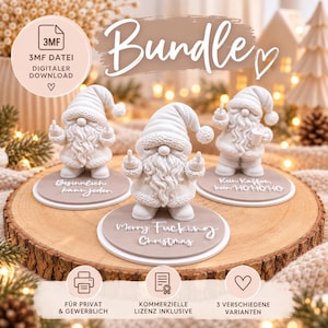 Könnte beinhalten: Ein digitales Download-Paket mit drei weißen 3D-Wichtelfiguren auf runden Sockeln. Die Wichtel haben strukturierte Mützen und Bärte, mit den Texten Besinnlich kann jeder, Merry Fucking Christmas und Kein Kaffee, kein HOHOHO auf den jeweiligen Sockeln.