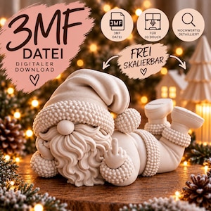 May include: A 3D printable digital file of a gnome figurine lying on its stomach, wearing a textured hat and boots, with a long beard and one hand raised in a middle finger gesture. The image includes text: 3MF DATEI, DIGITALER DOWNLOAD, FÜR 3D DRUCK, HOCHWERTIG DETAILLIERT, FREI SKALIERBAR.