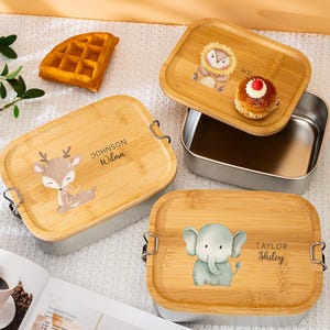 Fiambrera infantil personalizada con tapa de madera, de acero inoxidable, con 1-3 compartimentos, ideal como regalo para el primer día de clases.