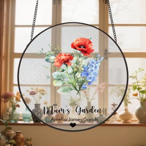 Gepersonaliseerde Nana&#39;s Garden Geboortemaand Bloem Stain Glass Suncatcher, familie bloem glaskunst, cadeaus voor oma van kleinkinderen, Moederdag