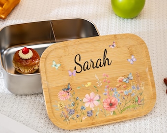 Personalisierte Metall Lunchbox mit Holzdeckel, kundenspezifische Edelstahl Brotkästen, Schule Abendessen Box, Bento Box, Back to School Geschenke für Sie