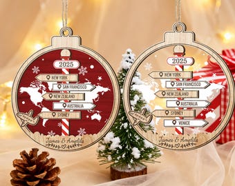 Gepersonaliseerde houten ornament reisbestemming, aangepaste avontuurlijke kerstaandenken, cadeau voor reisliefhebber, familieornament lange afstand