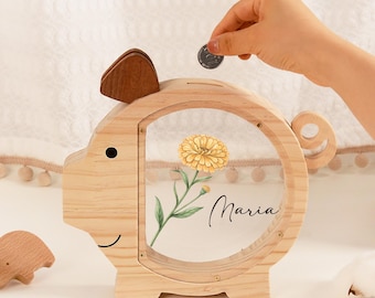 Custom Birth Flower Piggy Bank for Baby Girl, Xmas Gifts for Kid, Wildflower Coin Bank, Wooden Money Box with Name, Birthday Gift, Easter