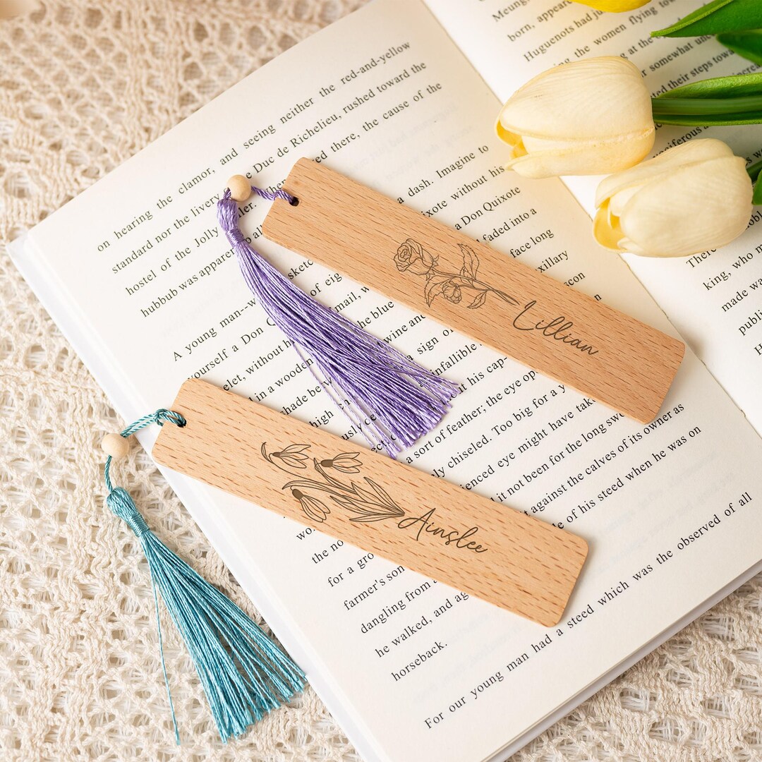 Custom Wooden Bookmark With Custom Flower & Name, Personalized Laser ...