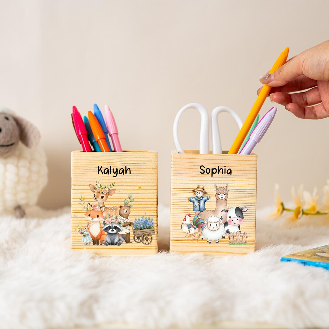 Custom Wooden Pencil Holder With Name, Personalized Animal Pencil Cup ...