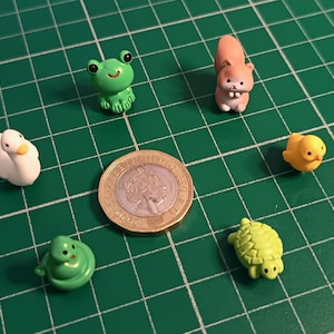 May include: A selection of miniature animal figurines, including a green frog, a squirrel, a duck, a chick, a turtle, and a snake. A coin is in the center. The figurines are brightly coloured and made of a smooth material. The background is a green grid.