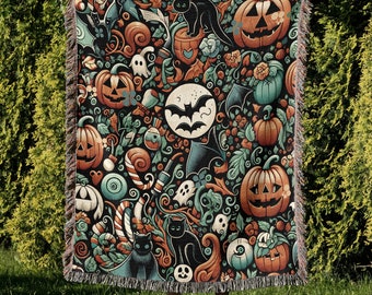 Halloween Woven Throw Blanket, Black Cat Pumpkin Design, USA Made