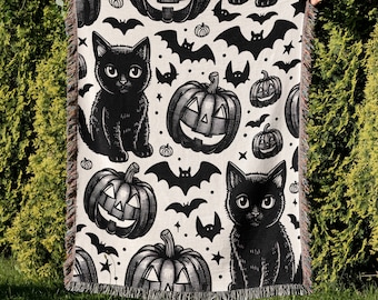 ハロウィンブランケット、黒猫とカボチャ、アメリカ製コットンスロー