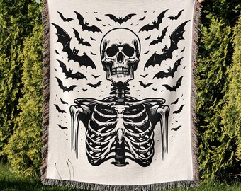 Skeleton Halloween Blanket, Woven Cotton Throw, Fall Decor