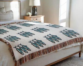 Sardine Woven Cotton Throw Blanket: Coastal Fisherman Decor