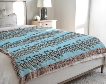 Couverture tissée Sardines : jeté décoratif côtier, 100 % coton, fabriqué aux États-Unis