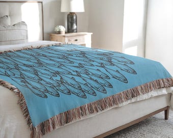 Couverture tissée Sardines bleues, jeté pêcheur, décor côtier