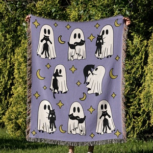 Halloween Ghost Blanket, Black Cat Woven Throw, USA Made
