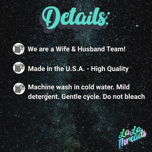 May include: A graphic with the word "Details" in teal script. Below, text reads "We are a Wife & Husband Team!" and "Made in the U.S.A. - High Quality." Washing instructions are also included. The LaLa Threads logo is in the bottom right.