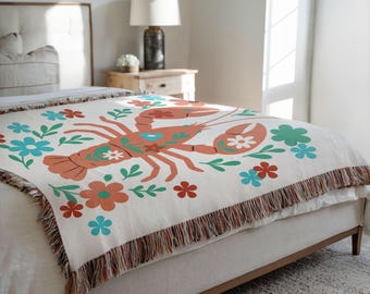 Lobster Woven Blanket: Coastal Boho Decor, USA Made Cotton Throw