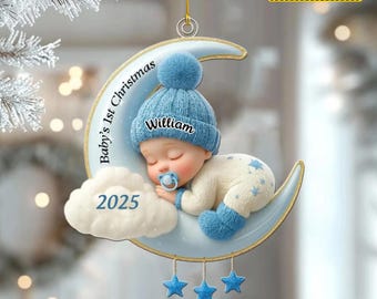 Custom Baby’s First Christmas Ornament, Moon Acrylic Keepsake, Personalized Newborn Gift, Unique Holiday Decoration, Baby Gifts