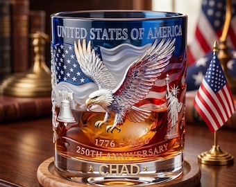 United States 250th Anniversary, Personalized Whiskey Glass, Gift For Men, Custom Name, Patriotic Cup Gift For Him, a5091e6d