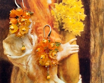 SUNNY GIRL Earrings, Yellow Orange Earrings, Bridal Dangles, Cottage Chic Dangles, Floral Cluster Earrings, Long Art Nouveau Earrings