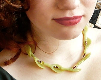 Beechnuts -- Striking choker in lime green serpentine and tiny bronze freshwater pearls