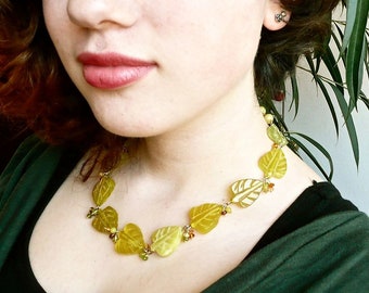 Miranda's Garden -- Lime Green Wire Wrapped Choker with Carved Leaves and Clusters of Semiprecious Stones in Fall Colours