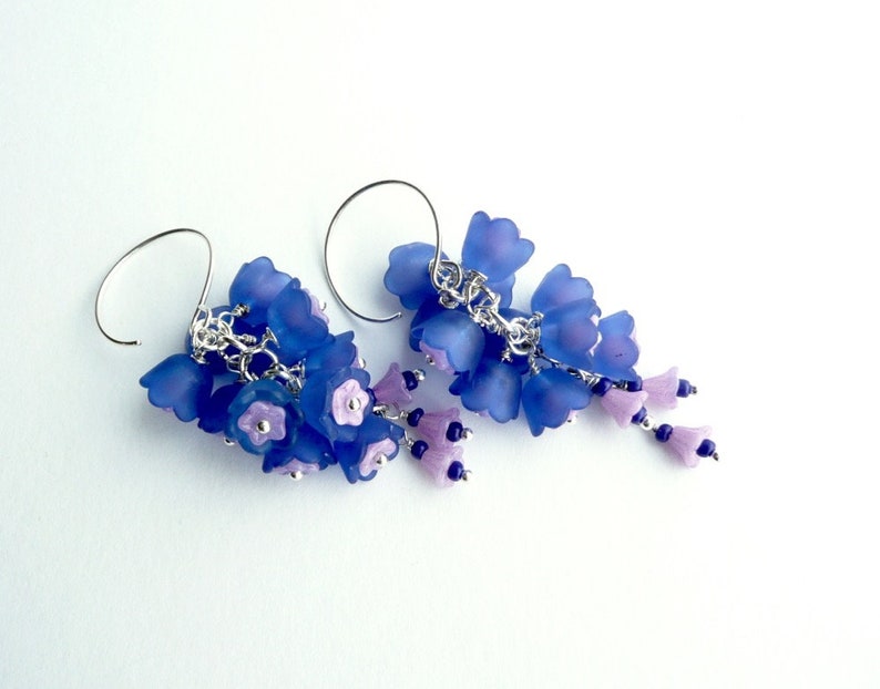 LARKSPUR Earrings, Long Blue Earrings, Bridal Dangles, Cottage Chic Dangles, Floral Cluster Earrings, Long Art Nouveau Earrings image 4