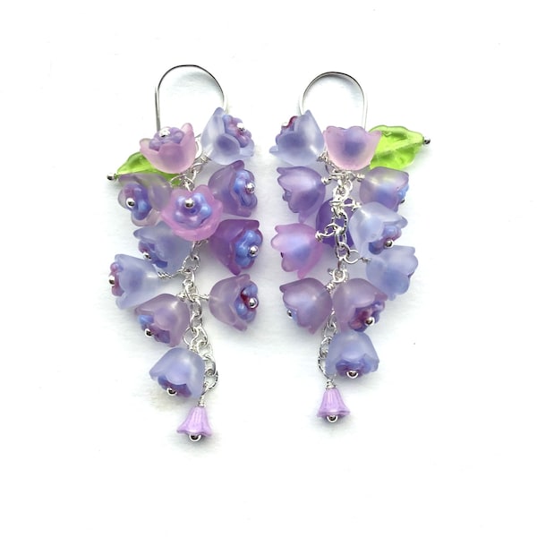 WISTERIA Earrings, Long Purple Earrings, Bridal Dangles, Cottage Chic Dangles, Floral Cluster Earrings, Long Art Nouveau Earrings