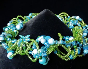 Mermaid's Dreams -- Green and Blue wavy choker with glass and wood