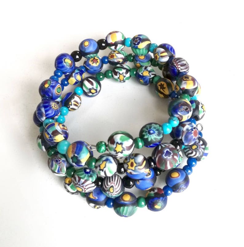 Coil Cuff Blue Bracelet Tribal Bangle Recycled Glass Cuff African Bead Bangle Modern Bracelet AFRIKA Memorywire Bracelet