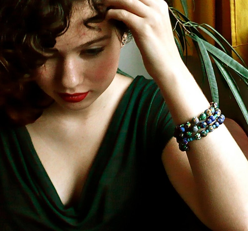 Coil Cuff Blue Bracelet Tribal Bangle Recycled Glass Cuff African Bead Bangle Modern Bracelet AFRIKA Memorywire Bracelet