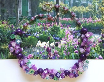 GIVERNY Monet Choker, Purple Pink Cluster Necklace, Floral Cluster Choker, Bridal Choker, Art Nouveau Choker, Cottage Chic Beadwork Necklace