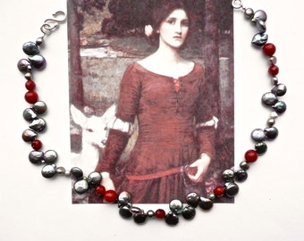 THE LADY CLARE Red Gray choker, Choker with quartz and Biwa pearls, Waterhouse inspired Bridal Choker, Pre Raphaelite Choker, Cottage Chic