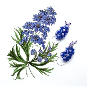 LARKSPUR Earrings, Long Blue Earrings, Bridal Dangles, Cottage Chic Dangles, Floral Cluster Earrings, Long Art Nouveau Earrings image 1