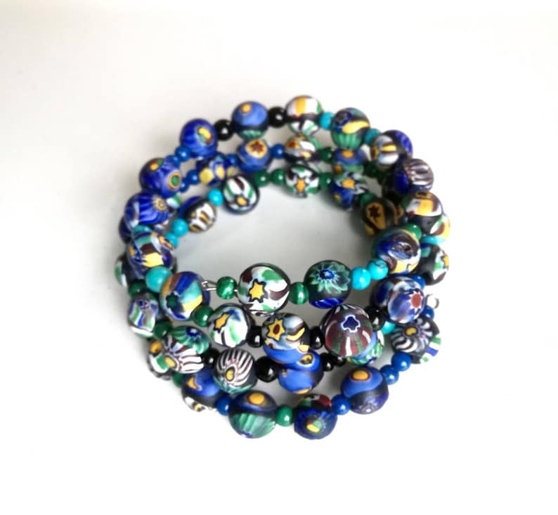 Coil Cuff Blue Bracelet Tribal Bangle Recycled Glass Cuff African Bead Bangle Modern Bracelet AFRIKA Memorywire Bracelet