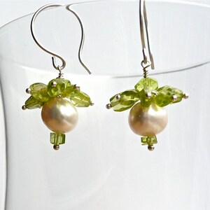 SNOWDROPS Earrings, Peridot Pearl earrings, Bridal dangles, Modern dangles,  Stone Dangles, White Pearl  dangles, Sterling Silver Dangle