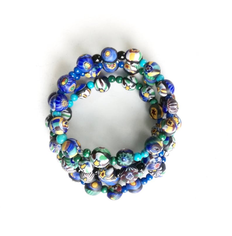Coil Cuff Blue Bracelet Tribal Bangle Recycled Glass Cuff African Bead Bangle Modern Bracelet AFRIKA Memorywire Bracelet