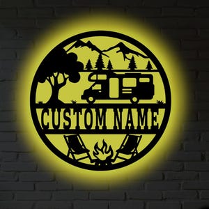 Personalized Campervan Metal Wall Decor: RGB LED Camping Sign