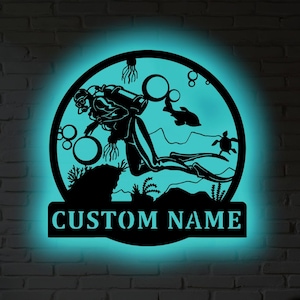 Personalized Scuba Diving LED Metal Wall Decor – Custom Name Sign with RGB Light, Ocean Lover Gift, Diver Themed Metal Wall Art