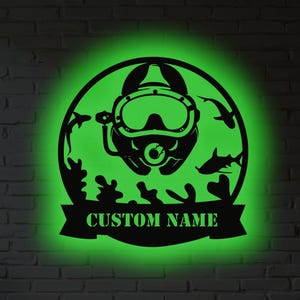 Personalized Scuba Diving Metal Wall Art with LED Light - Custom Ocean Decor, Diver Gift, Underwater Adventure Wall Sign for Home or Office