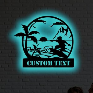 Custom Surfer Metal Wall Art – RGB LED Beach Sign, Personalized Surf Decor