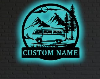 Custom Campervan Metal Wall Art – RGB LED Adventure Decor, Van Life Sign
