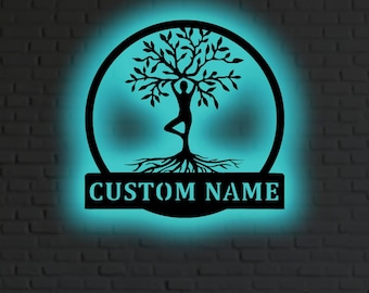 Arte de pared metálico personalizado con el Árbol de la Vida de Yoga: Decoración espiritual con LED RGB y letrero de meditación