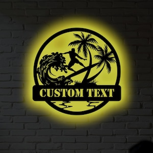 Custom Surfer Metal Wall Art – RGB LED Ocean Decor, Surfboard Name Sign