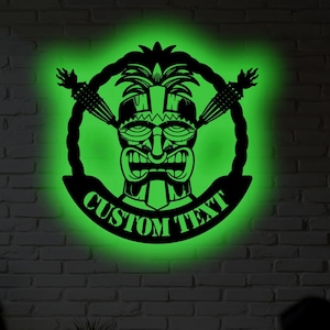 Personalized Tiki Mask LED Metal Wall Decor – Custom Name Sign with RGB Light, Tropical Island Gift, Luau Bar or Beach House Wall Art