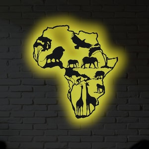 Africa Map Safari LED Wall Art - African Animals Metal Wall Decor, RGB Color Changing Lighted Map, Customizable Safari-Themed Design