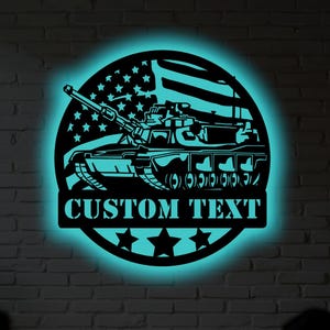 Personalized US Military Tank Metal Wall Art with RGB LED Light - Custom Patriotic Gift for Veterans, Man Cave, Army Inspired Decor