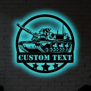 Personalized US Military Tank Metal Wall Art with RGB LED Light - Custom Patriotic Gift for Veterans, Man Cave, Army Inspired Decor