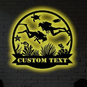 Personalized Scuba Diving Metal Wall Art: RGB LED Underwater Couple Sign