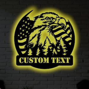 Personalized USA Flag Eagle Metal Wall Art with RGB LED Light